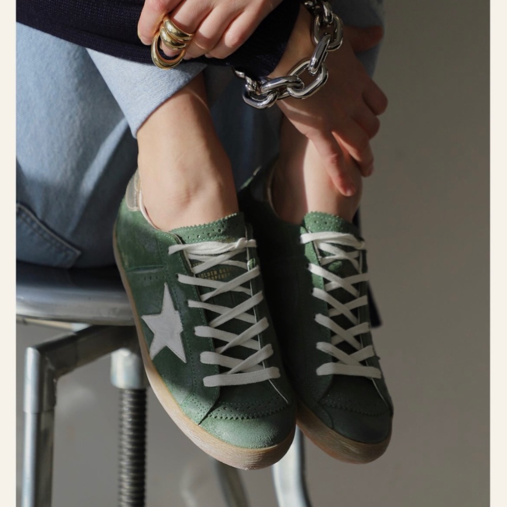 Golden Goose Superstar Sneaker Green Suede/Star/Metallic Heel sz 36 New in Box